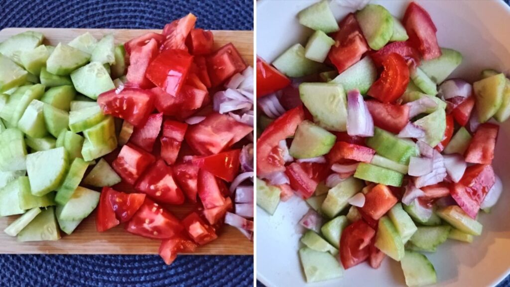 preparation-des-legumes-de-la-Salade-de-Pois-Chiches-a-la-Feta-a-la-Tomate-et-au-Concombre
