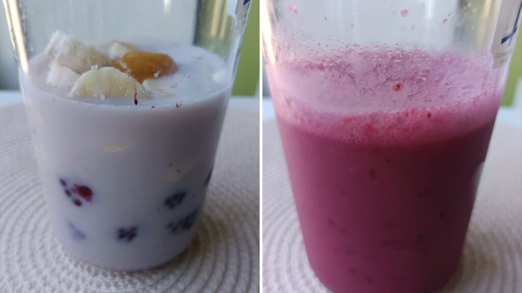 mixage des fruits pour le smoothie a la mure a la banane et avec du lait d avoine