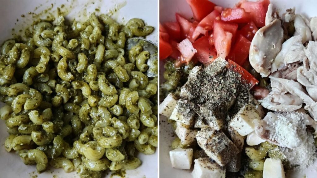 assemblage-salade-de-pates-poulet-mozzarella-pesto